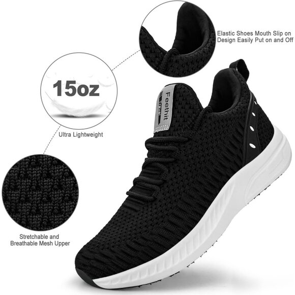 Men's Black White Non Slip Lightweight Workout Breathable Mesh Fashion Sneakers - Picture 3 of 6
